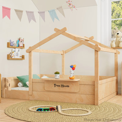 Charmant lit simple en forme de maison avec garde-corps, plateau et panneau personnalisable pour l'autonomie et la sécurité des enfants