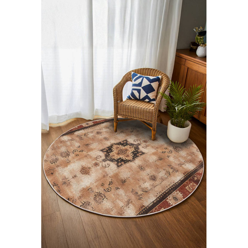 Gracianna Collection Digital Print Cotton-Polyester Brown Moroccan Rug, Round 2'8"