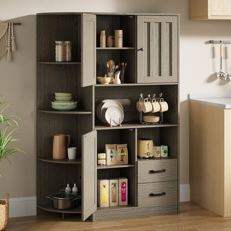 Kitchen Pantry with Microwave Shelf, 6-Tier Circular Rack, 2 Drawers & 2 Storage Cabinets for Kitchen or Living Room, Gray