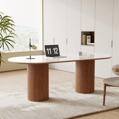 71" Modern Oval Writing Desk,Glossy White Office Table,with Double Solid Wood Legs by Orren Ellis