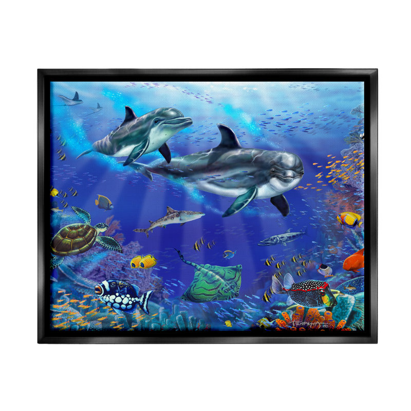 «Dovecove Underwater Sea Life Scene Dolphins», art mural encadré par Floater, Cadre flottant noir de jais