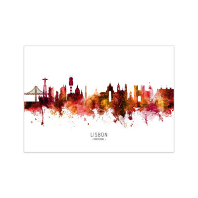 Lisbon Portugal Skyline Red City Name by Michael Tompsett - Print