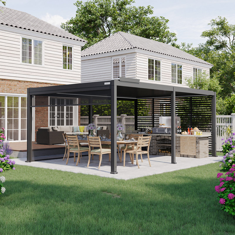 FlexPatio 20 Ft. W X 10 Ft. D Power+ Pergola W/ Motorized Roof + 3-Side Shades & 1-Side Shutter Wall, 20' W x 13' D
