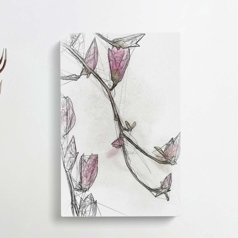 Pink Floral Flowers in Abstract - Wrapped Canvas Drawing - Wrapped Canvas, 50cm H x 35cm W x 3cm D
