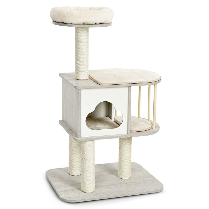 46'' Gray Wooden Cat Tree with Sisal Posts and Cushions