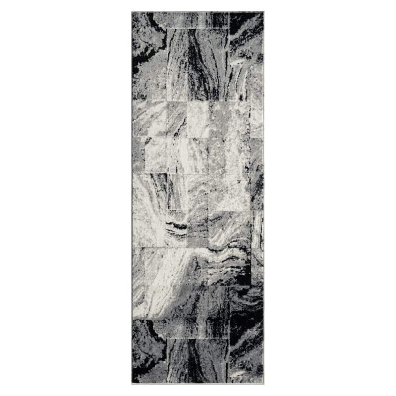 Anatola Dark Grey Abstract Square Area Rug, Runner 2'8" x 7'10"