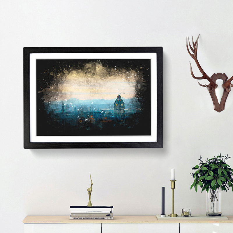 Edinburgh Skyline In Scotland Paint Splash - Picture Frame Graphic Art, Black Framed, 45cm H x 63cm W x 2cm D