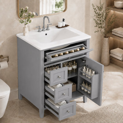 Velmori 24" Single Bathroom Vanity With Ceramic Sink, Tip-Out Tray, Adjustable Shelf And Multi-Storage Design