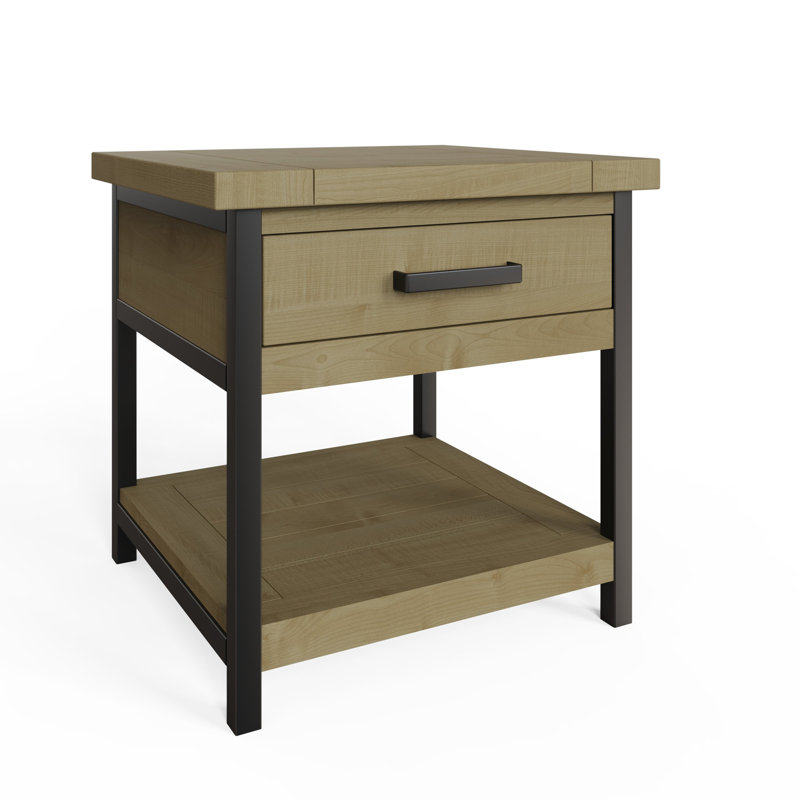 San Diego 1 Drawer Side End Lamp Table With Open Shelf. Solid Wood. Metal Frame
