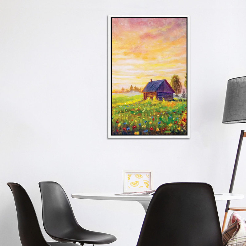 Old Rural House on Field Flowers 1 Piece Painting on Canvas, 101.6cm H x 66.04cm W x 3.81cm D, White Framed