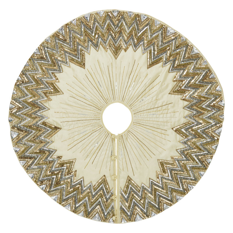Handmade Christmas Tree Skirt - Hand Beaded Metallic Starburst on French Vanilla Silk, 72" W