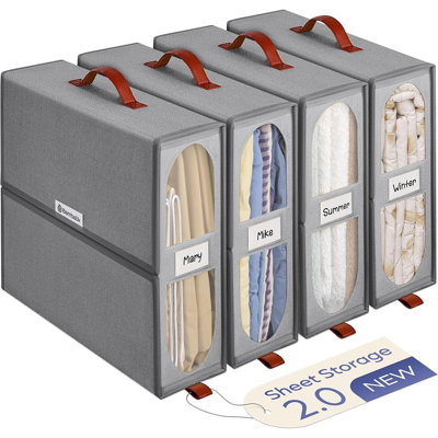 4 Pack Bed Sheet Organizer Storage Boxes With Large Clear Windows, Durable Bedding Storage Containers For Sheet Sets, Blankets And Linens, Gray