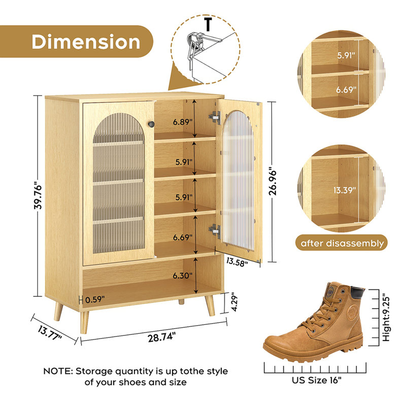 Armoire de rangement pour chaussures avec portes en verre à plaques réglables