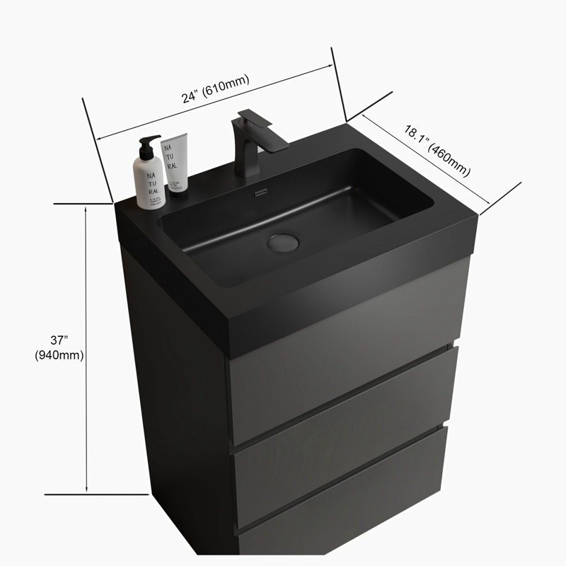 24'' Single Bathroom Vanity with Top, Black, Gray