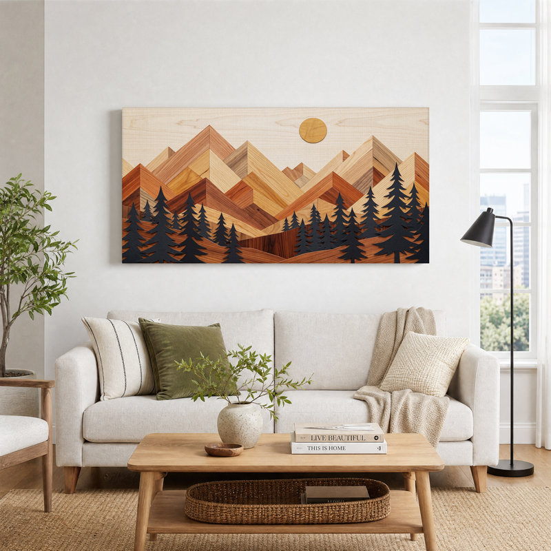 Toile murale représentant une chaîne de montagnes en bois avec des pins noirs, 32“W x 16”H
