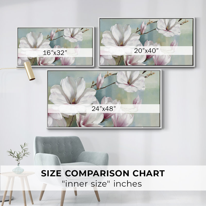 Fleurs de magnolia - Toile tendue avec châssis tendue, prête à accrocher, H 17 po x l 33 po, Blanc