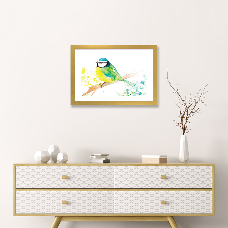 Oiseau vert - reproduction d'art, H 16 po x l 24 po x P 1 po, Papier encadré doré, Blanc