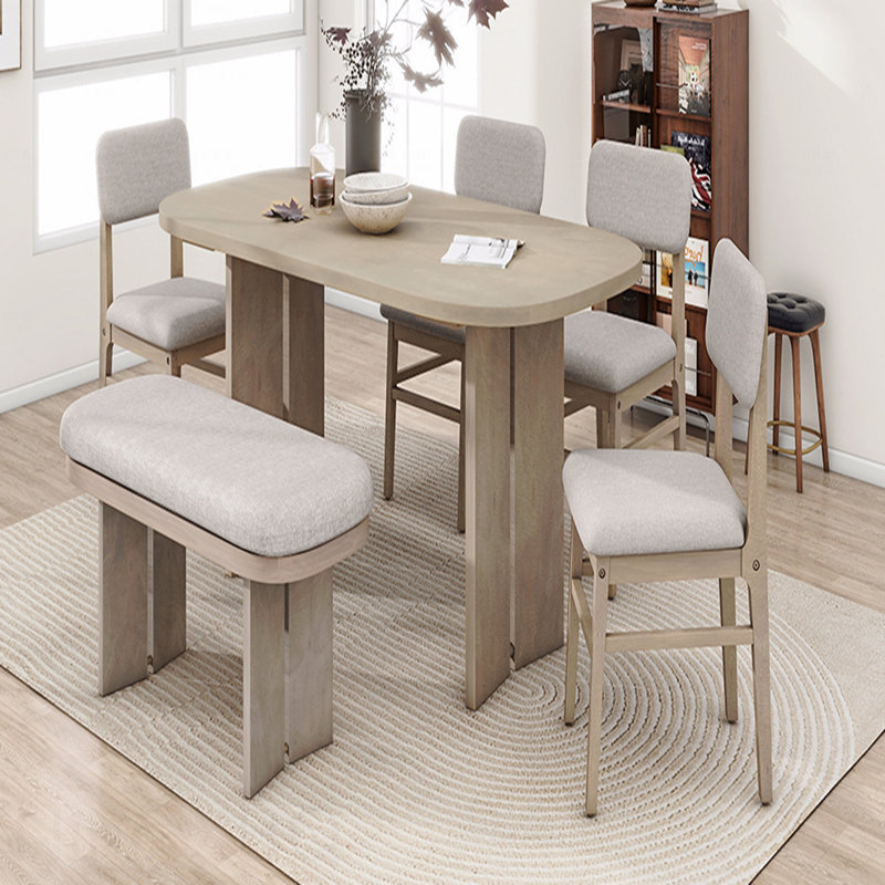Ensemble de table de salle à manger en bois massif avec banc - Ensemble de table de salle à manger rembourré 6 pièces avec banc, mobilier de cuisine de ferme moderne bicolore pour les réunions de famille