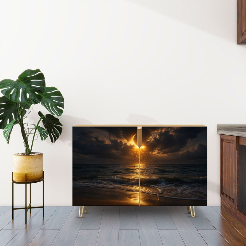 Buffet à deux portes avec rangement dissimulé, motif croissant de lune surréaliste et vagues dorées. Meuble multifonctionnel idéal pour le salon, la cuisine ou le coin café.