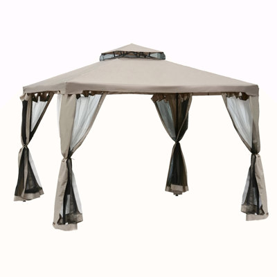 Outsunny 9.6' X 9.6' Patio Gazebo, Outdoor Canopy Shelter With 2-Tier Roof And Netting, Steel Frame For Garden, Lawn, Backyard, And Deck, Taupe