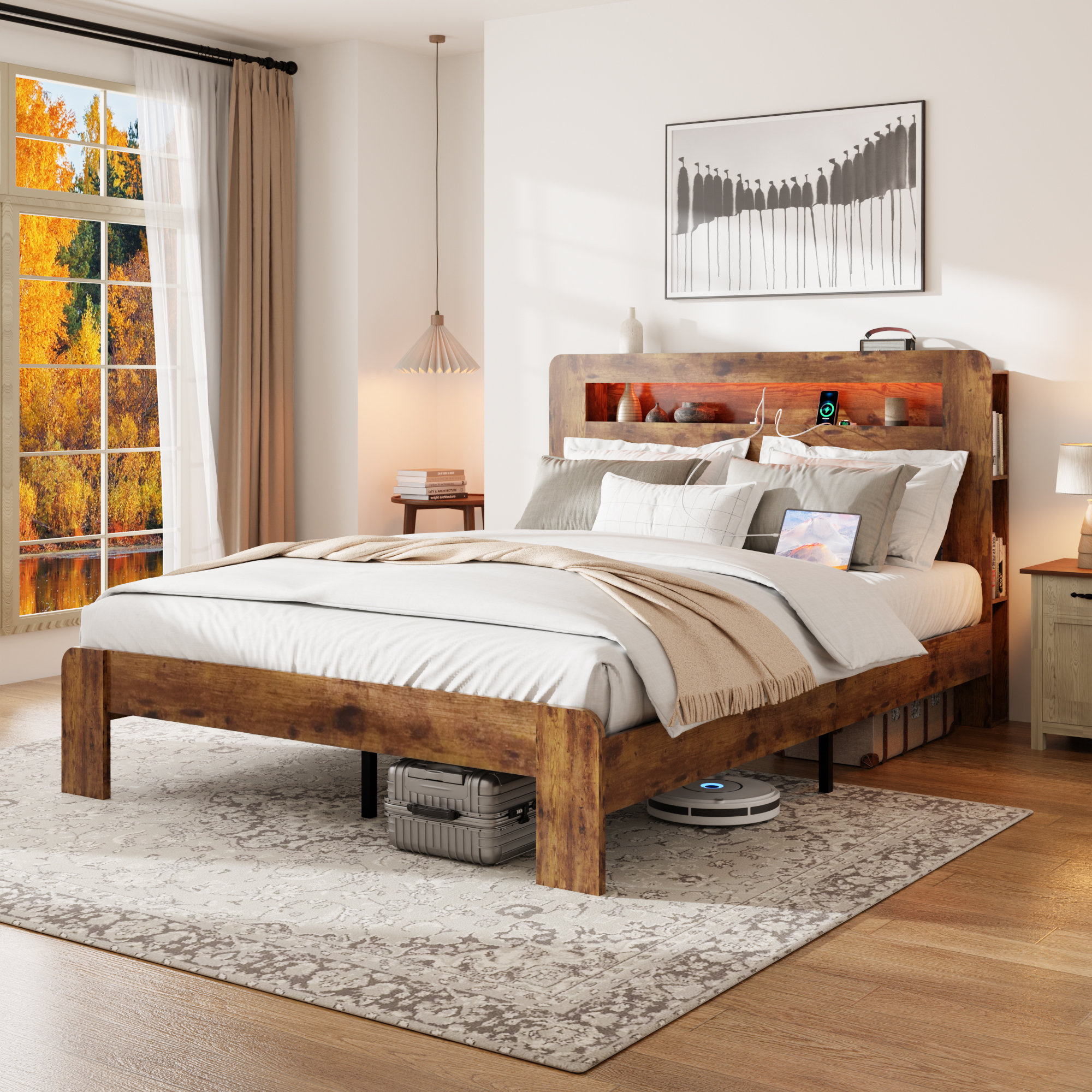 Latitude Run® King Wood Platform Bed Frame with LED Headboard, USB Charging, Noise-Free, No Box Spring & Large Storage, Dark Brown | Wayfair
