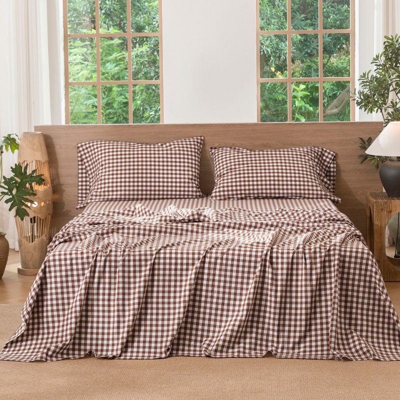 MooMee Gingham Sheet Set 100% Washed Cotton Linen Like Textured Breathable Lightweight, King Sheet Set with 2 Pillowcases