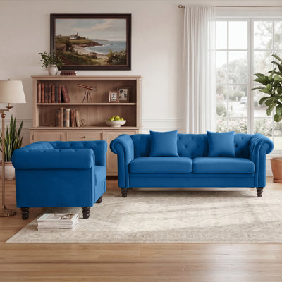 Fynlie 2-Piece Tufted Upholstered Velevt Chesterfield Standard Sofa Couch Accent Chair Living Room Furniture Set