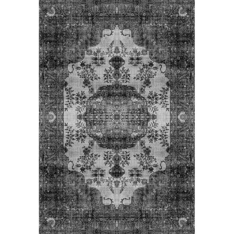 Tapis décoratif à motif traditionnel noir et gris, Rectangle 4 pi 11,06 po x 7 pi 6,55 po