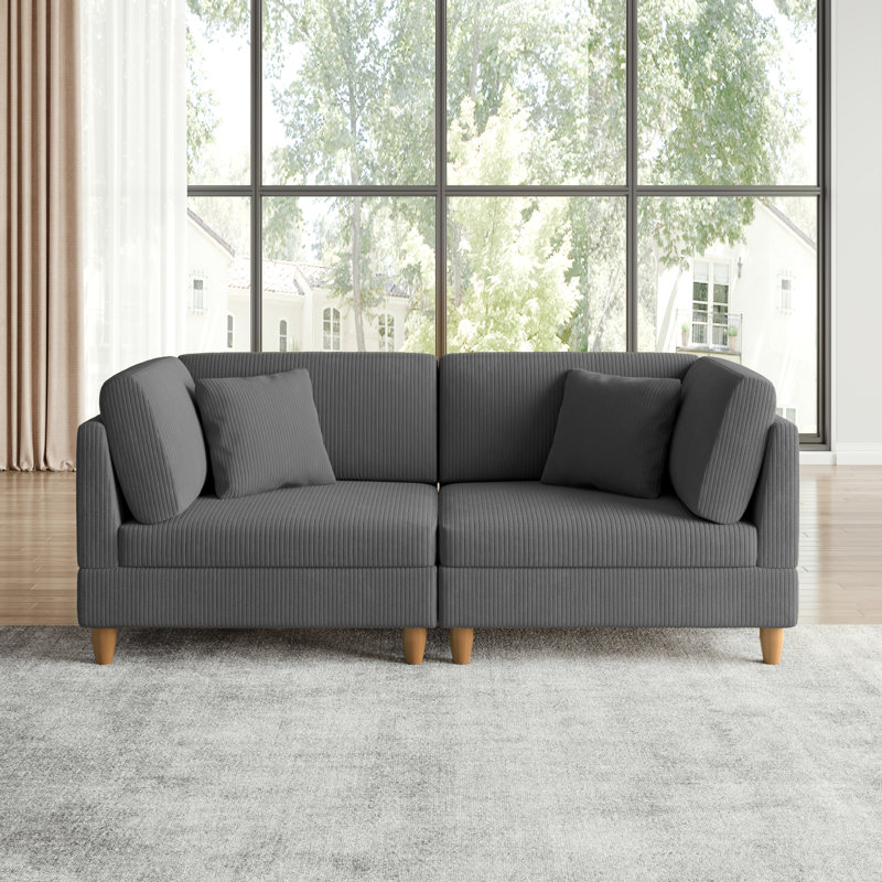 Canapé modulaire rembourré en velours côtelé 2 pièces Seemab avec dossier coussiné et pieds en bois massif Seemab, Gris