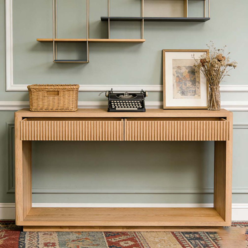 Console cannelée moderne 60 po à 2 tiroirs, Bois naturel