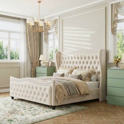ON SALE 3-Piece Bedroom Sets, Tufted Velvet Upholstered Wingback Bed & 2-Piece 4-Drawer Nightstands