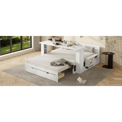 Lit de jour double avec bureau amovible, tiroirs de rangement et table d'appoint hydraulique, blanc