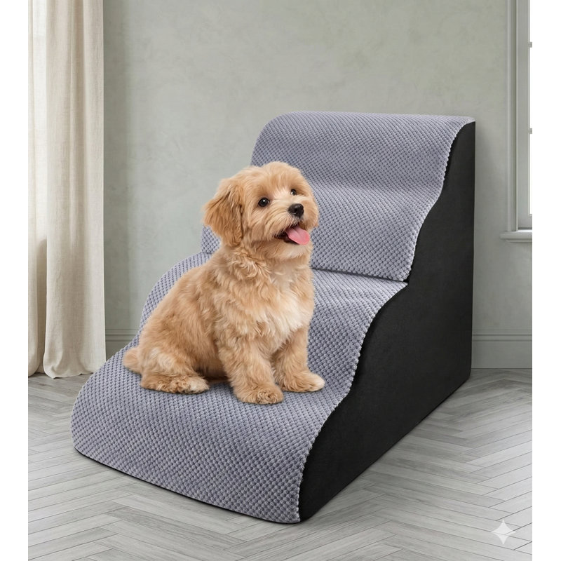 Curved Four-Step High-Density Foam Pet Stairs for Small Dogs, 19 Inches High for Bed Access, Features Non-Slip Base and Removable Washable Cover