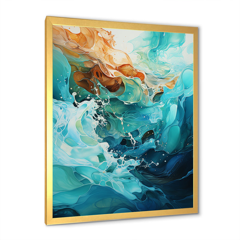 Aqua Dream Rush Flow 4 - Collages abstraits, art mural, Cadre doré simple, H 32 po x l 24 po x P 1 po