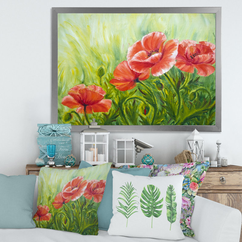 «Red Blossoming Poppies III», peinture sur toile, H 12 po x l 20 po x P 1,5 po, Toile encadrée argentée
