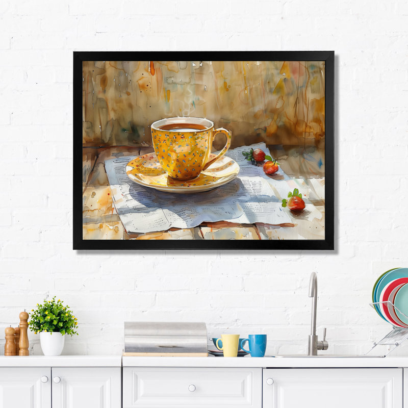 «White Beige Cozy Cup Of Coffee II», impression d'art mural café, Cadre simple noir, H 34 po x l 44 po