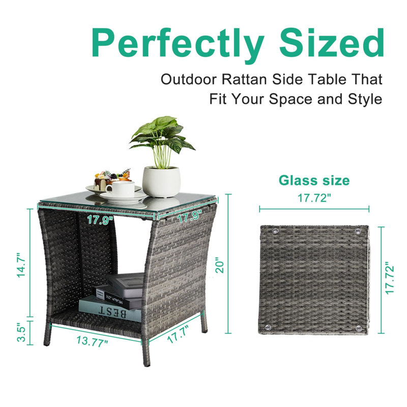 Square Tempered Glass Iron Outdoor Side Table - 46 cm W 46 cm D