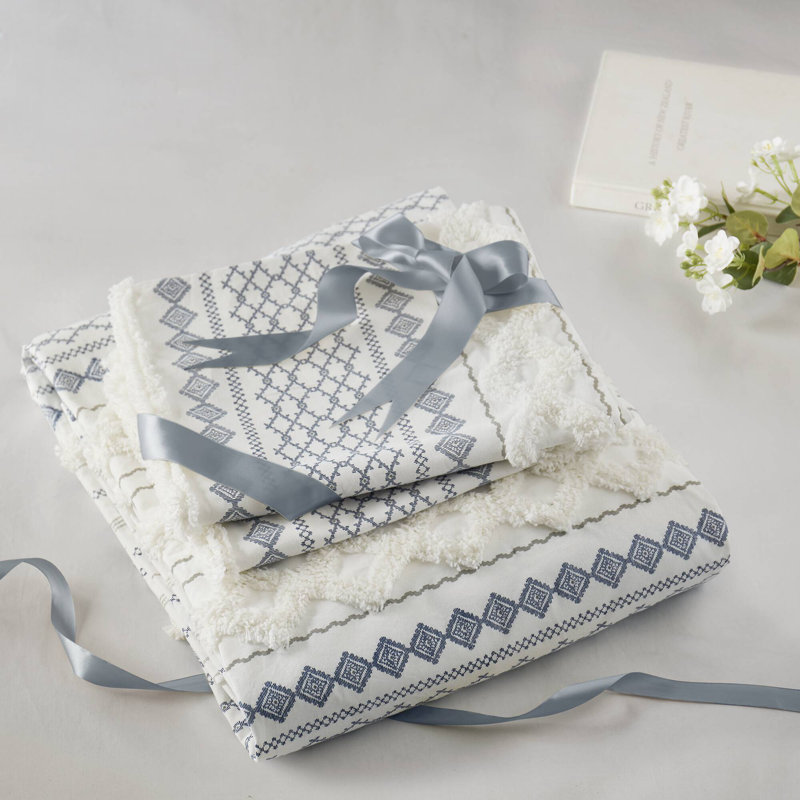 Imani Cotton Printed Duvet Cover Set, Full/Queen Duvet + 2 Standard Shams, White/Navy