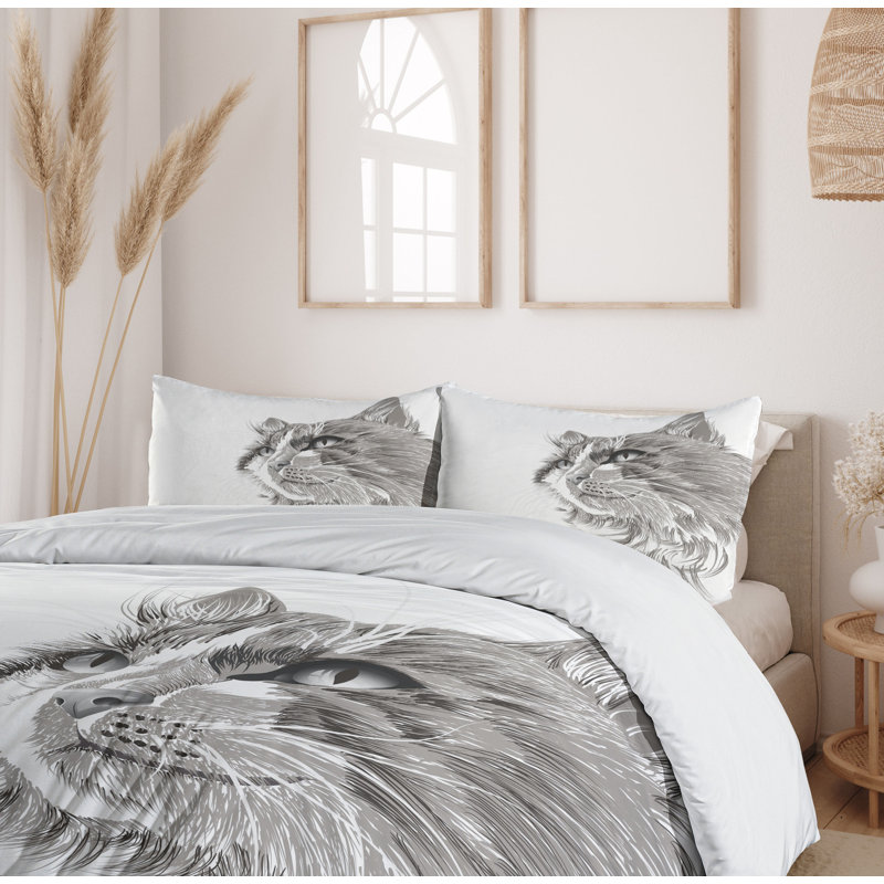 Gray and White Cat Portrait Queen Duvet Cover Set