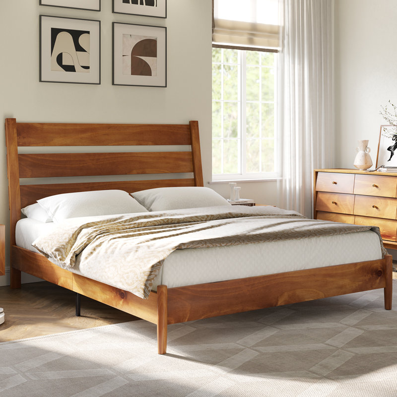 Full Size Light Brown Pine Wood Bed Frame with Slatted Headboard