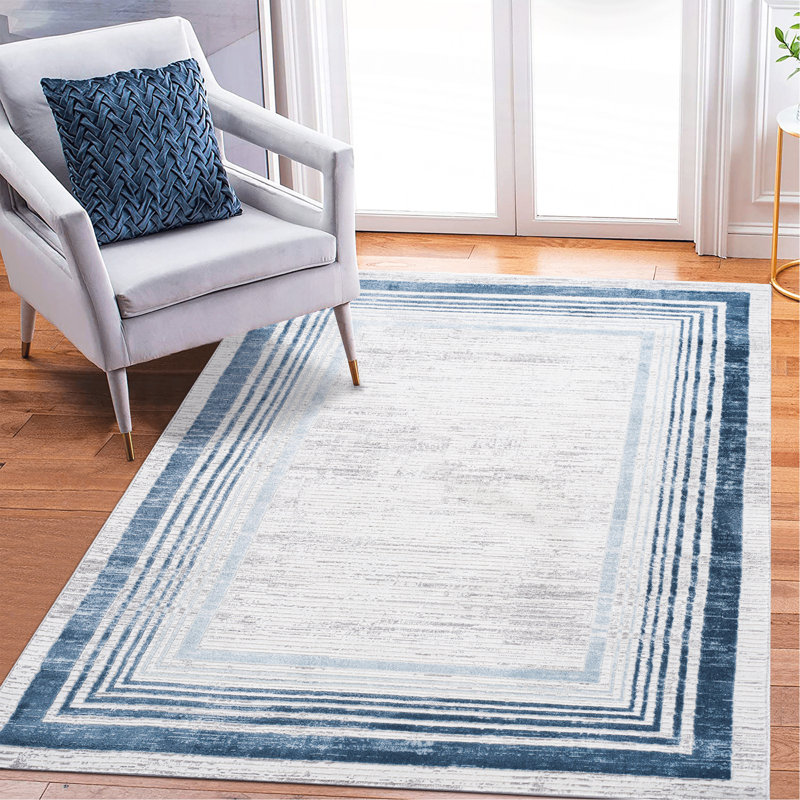 Blue / Ivory / Bordered Doormat Rug, Rectangle 7'9" x 10'