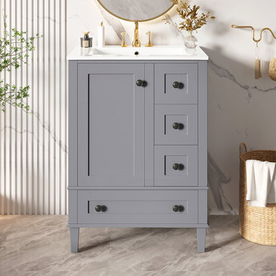 Meuble-lavabo compact avec lavabo en céramique intégré, tiroirs à fermeture en douceur et tablette double couche pour un rangement efficace