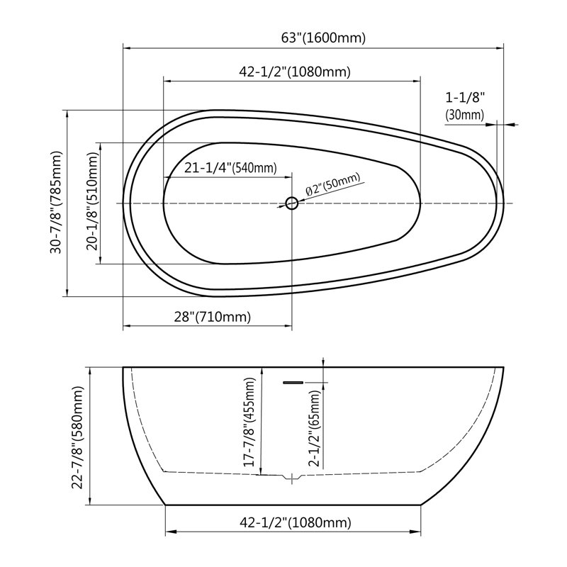 62'' x 28'' Freestanding Soaking Acrylic Bathtub, White