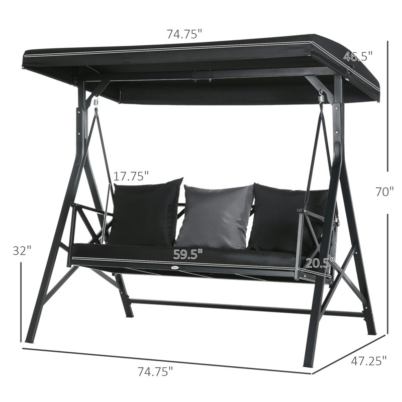Balancelle à 3 porches avec auvent et rembourrage doux, coussin de jardin confortable à finition noire pour l'extérieur