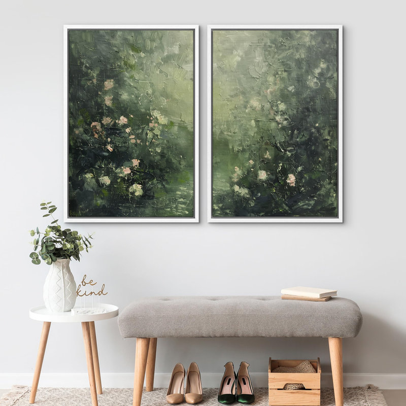 «Abstract Garden Floral Lush», 2 pièces sur toile, Cadre blanc, H 24 po x l 16 po