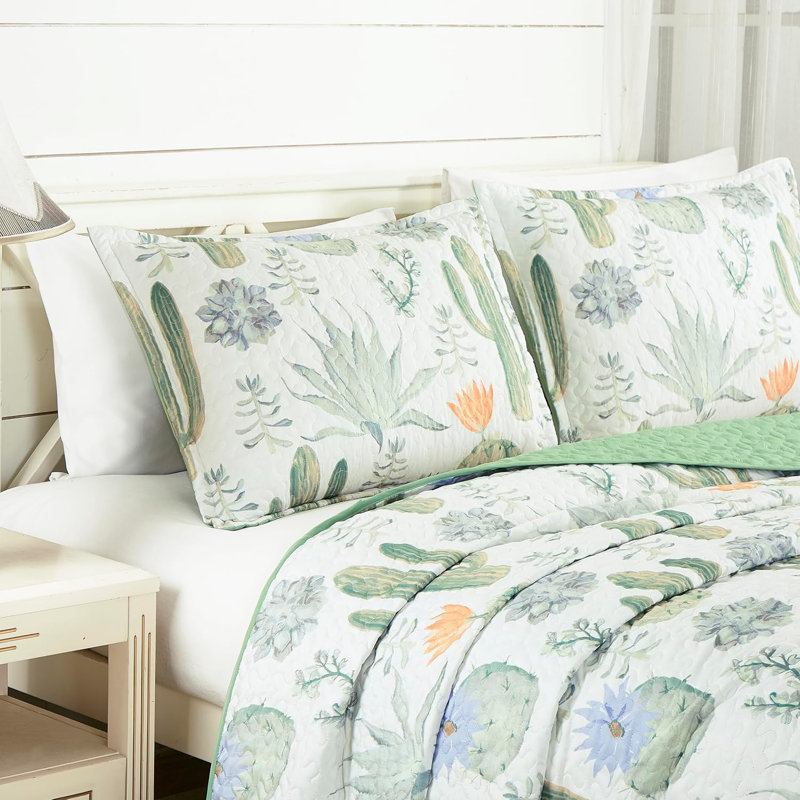 Twin Green Cactus Succulent Microfiber Quilt Set