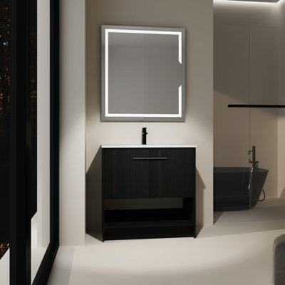 Meuble-lavabo autoportant de 91 cm (36 po), lavabo en céramique installé, structure en contreplaqué, 2 portes, fini aspect chêne noir, meuble avec lavabo, armoire, autoportant, palette de couleurs foncées
