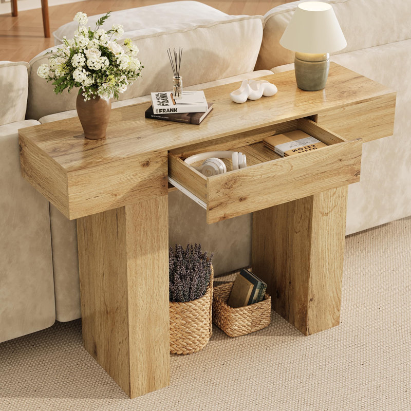 47-Inch Long Console Table with Drawer, Wooden Rectangular Sofa Table Behind The Couch, Oak