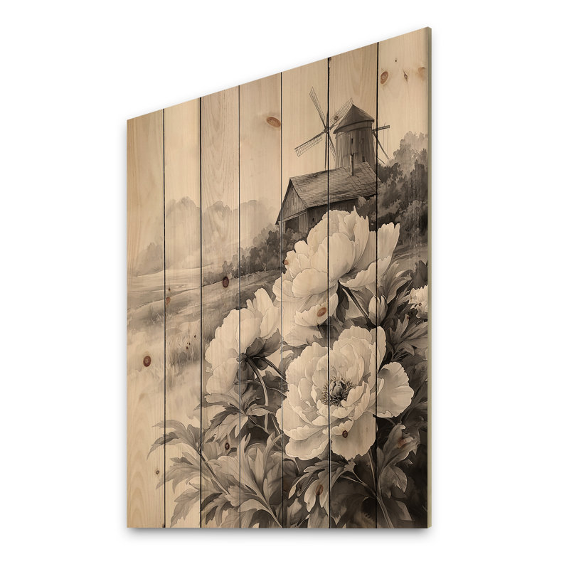 Pivoines monochromes et moulin à vent II - impression de pivoines sur bois de pin naturel, H 32 po x l 24 po x P 0,78 po