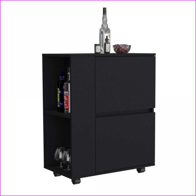 Chariot-bar avec 2 armoires rétractables 2 tablettes ouvertes, compactes H 32,2 po x l 25,8 po x P 14,7 po | Noir | Panneau de particules
